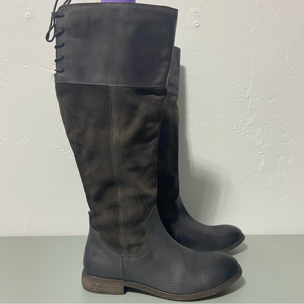 Roan Natty Burnished Riding Boots Leather Women 8.5 Gray/Brown Tall Lace Calf